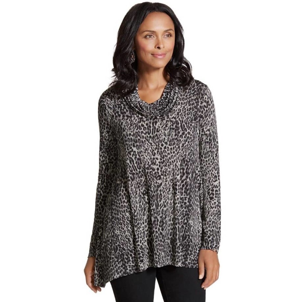 Chico's Gray & Black Texture Leopard Sheena Shark Bite Cowl Neck Top XL